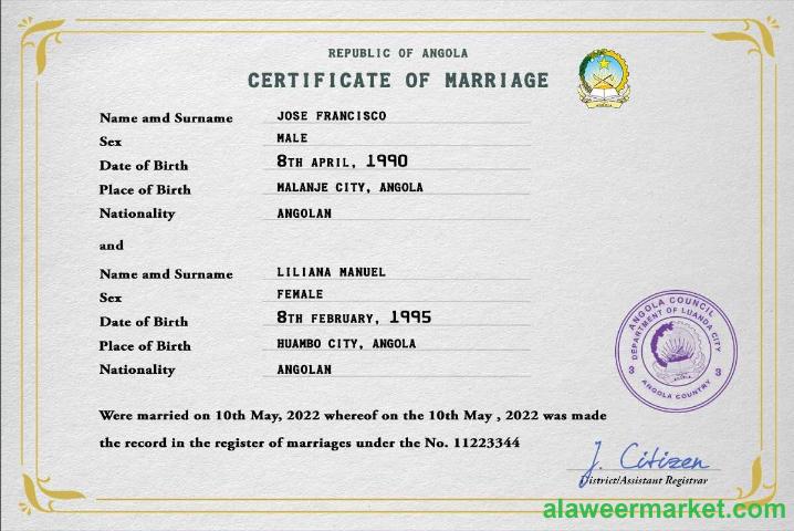 Angola marriage certificate PSD template